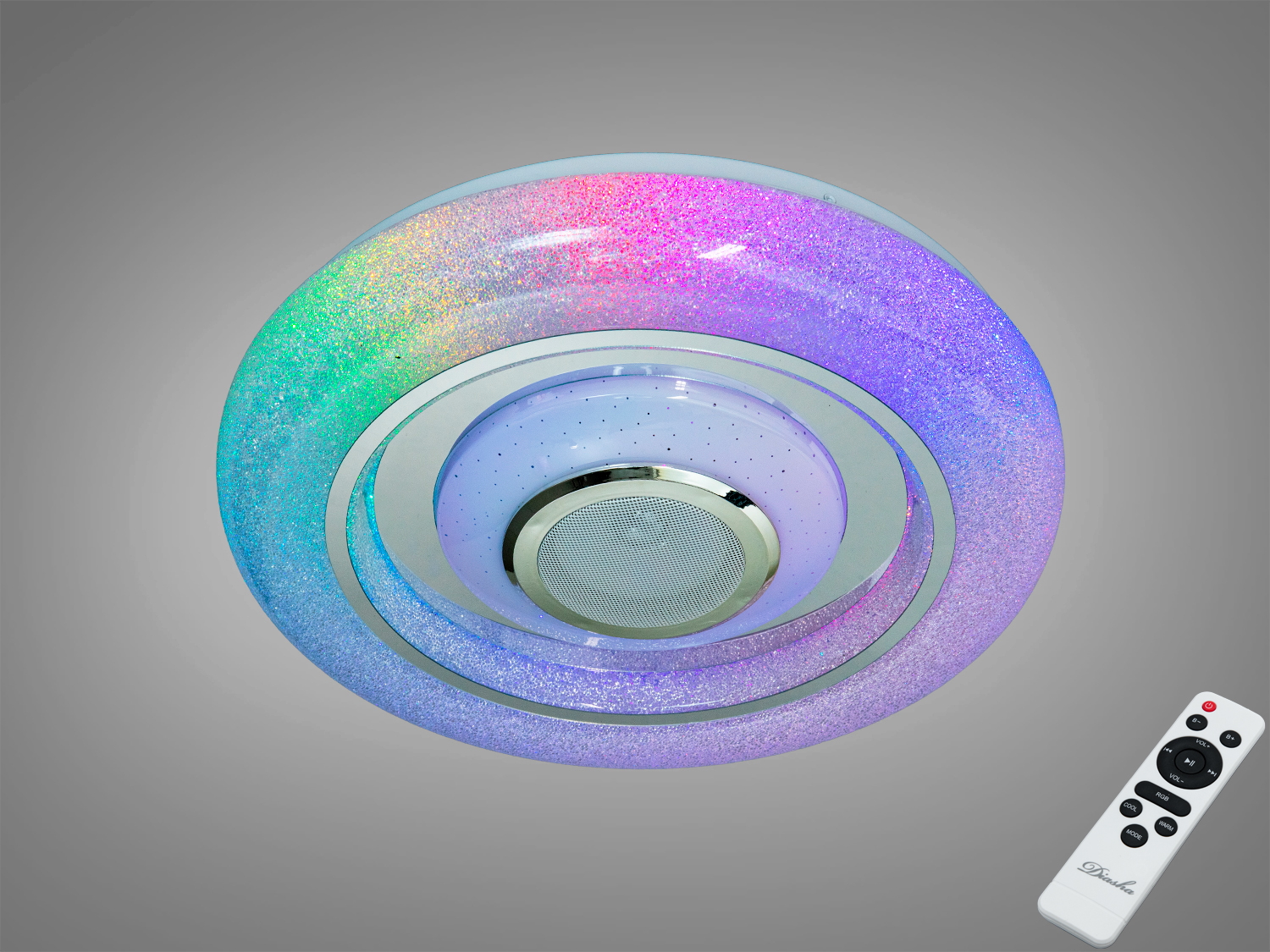 Стельова смарт люстра Diasha DB-8314, 70 Вт, біла, RGB з Bluetooth-колонкою. Керування з пульта та через TUYA Smart Life. Освітлення кімнат до ~12 м².