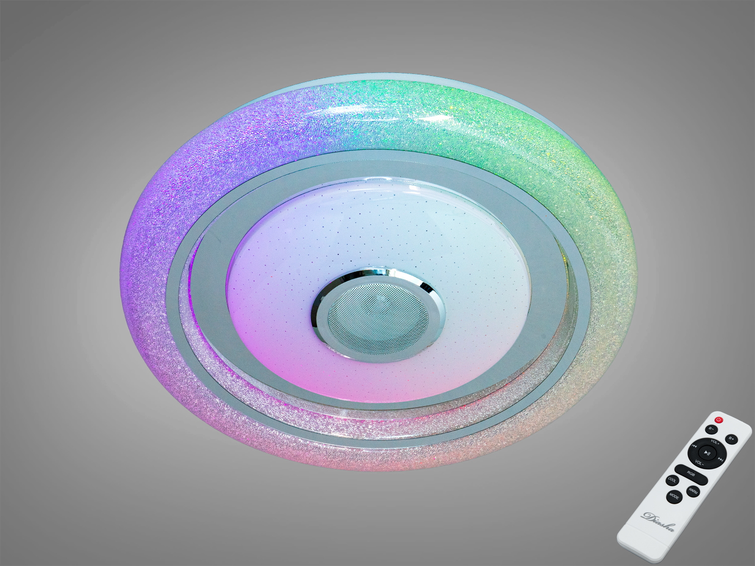 Смарт стельова люстра 80Вт з RGB і Bluetooth‑колонкою. Керування через Tuya Smart Life та пультом, музика по Bluetooth і Wi‑Fi, синхронізація світла з треками.