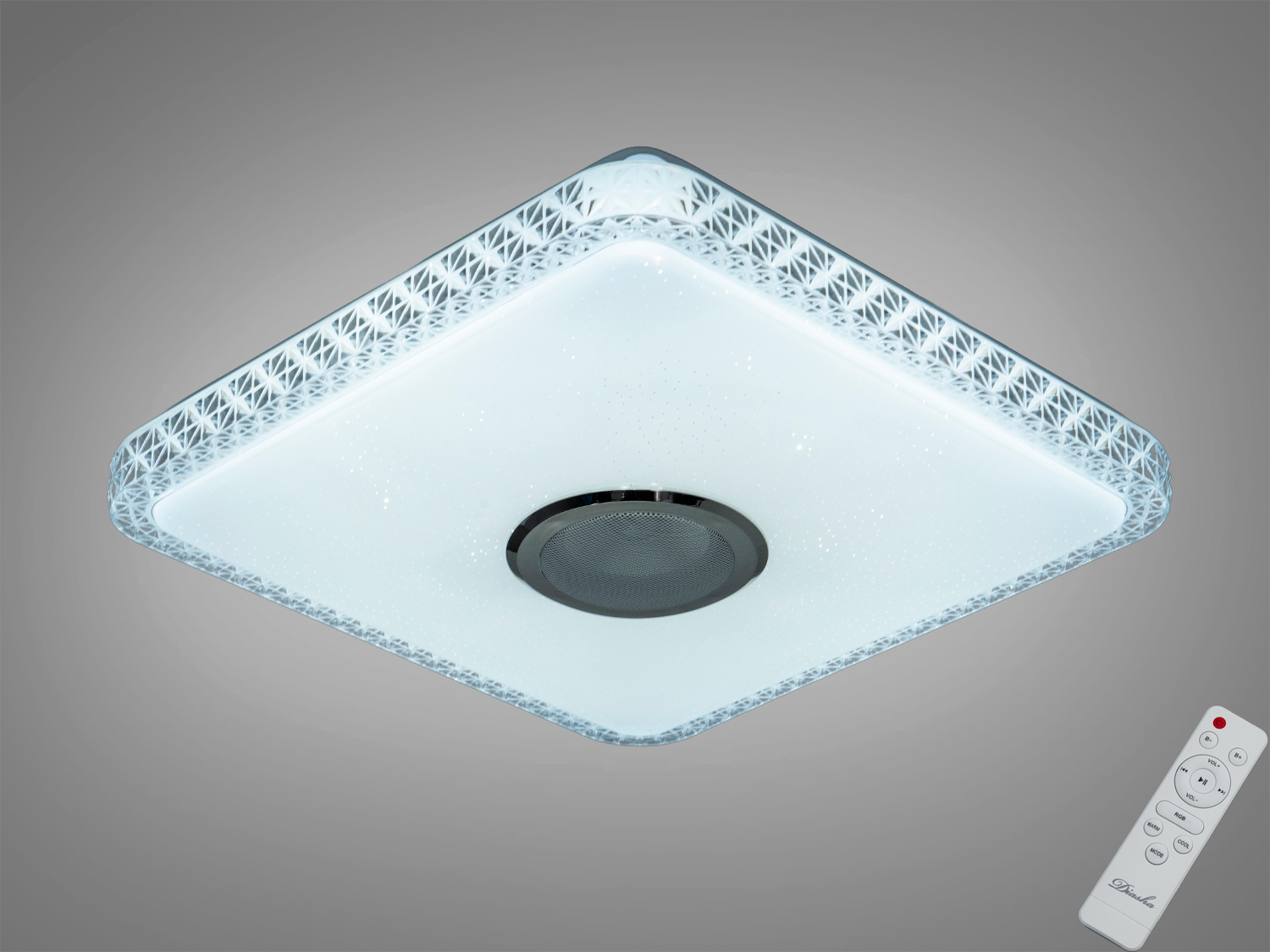 Смарт LED люстра 70 Вт з RGB та Bluetooth-колонкою. Керування через i-Link або пульт, музичний ритм, таймер і будильник. Для кімнат до ~12 м², білий квадрат 400×400.