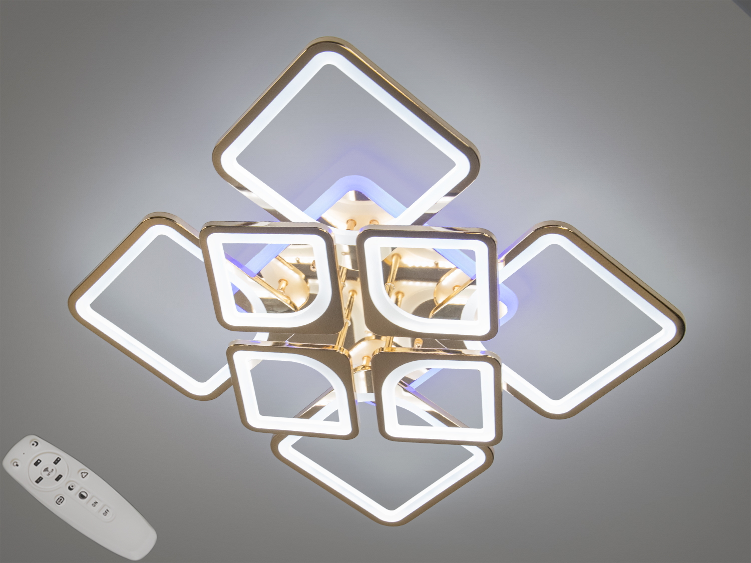 Стельова LED-люстра Diasha 8060, 155W, золото, 4+4 квадрати. Димер 5–100%, 3 температури світла, пульт у комплекті; підходить для кімнат до 26 м².