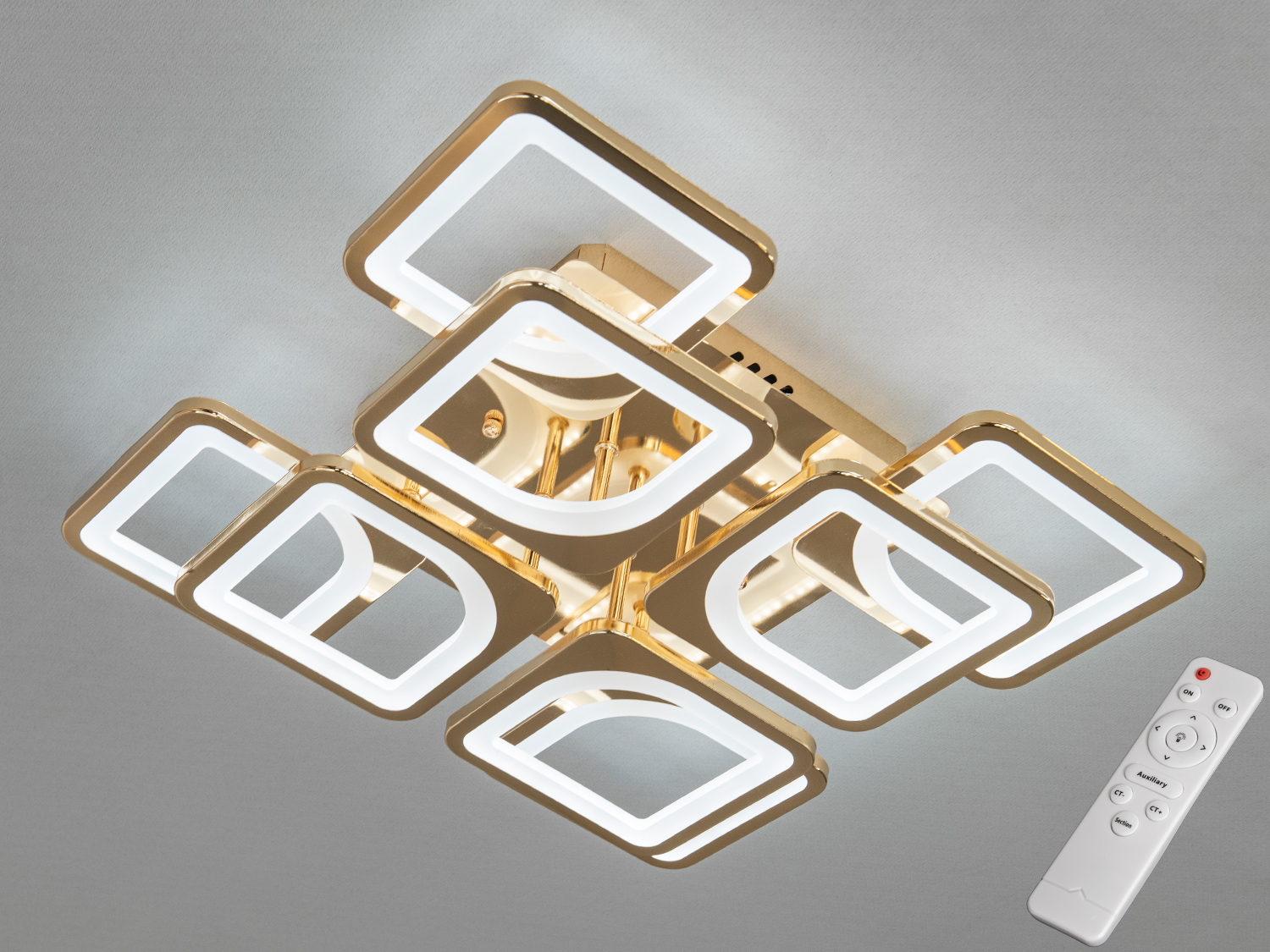 Стельова LED-люстра Diasha 8060, золото, 115W. 8 квадратних рамок, пульт ДУ, регулювання яскравості та кольорової температури, для кімнат до ≈20 м².