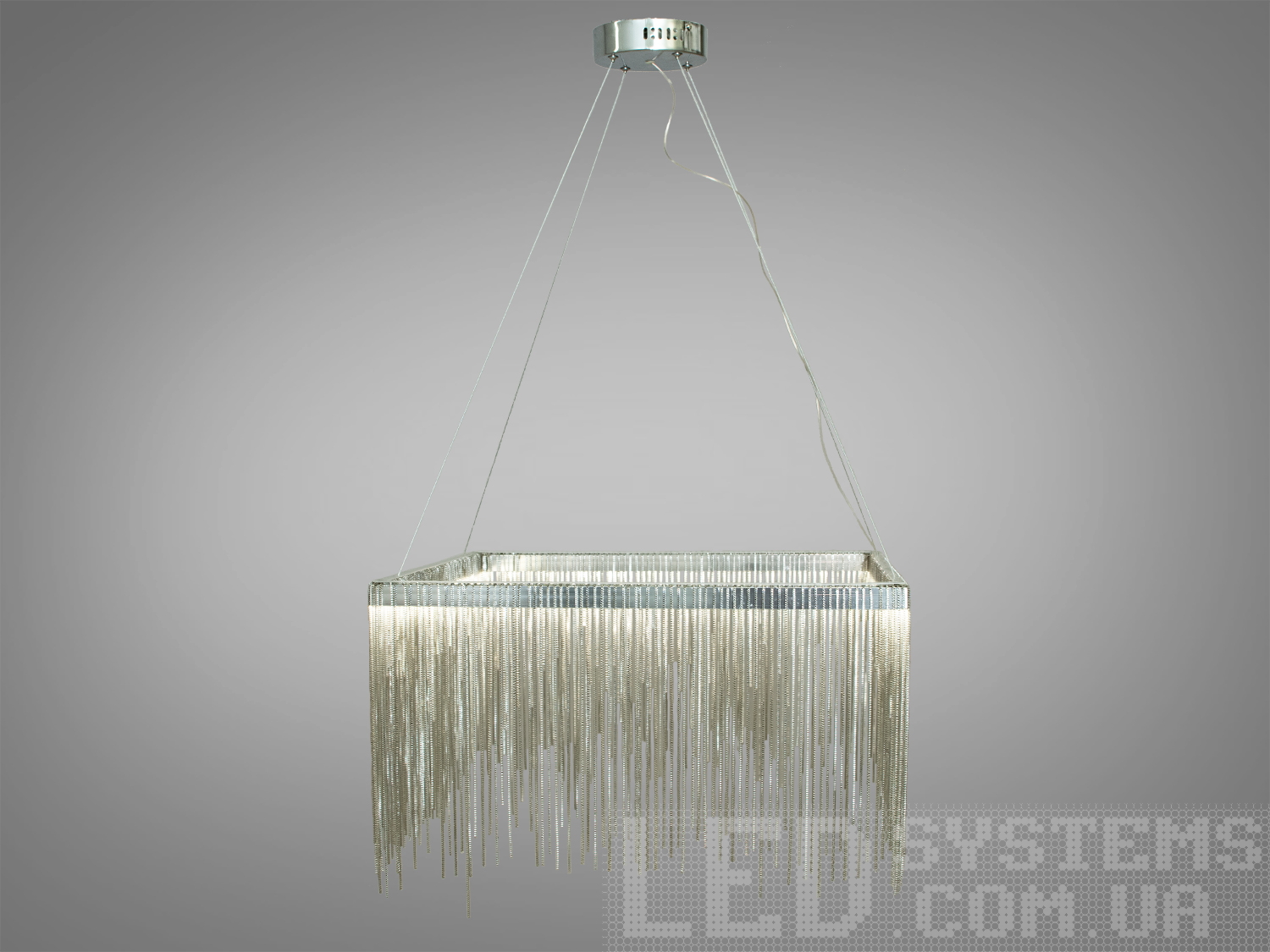 Підвісна LED люстра Diasha 40W у хромі з каскадом металевих ланцюжків, алюмінієвим каркасом і акриловим розсіювачем. Регульована висота, м’який розподіл світла.