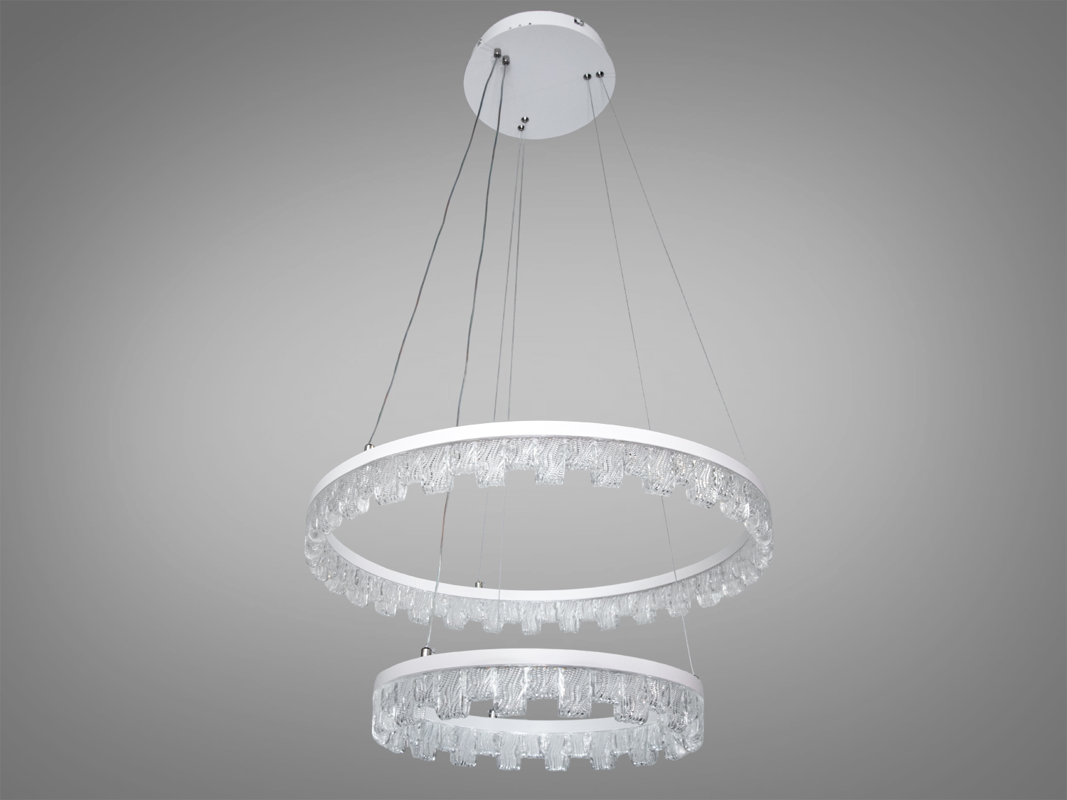 Підвісна LED люстра Diasha: білі 2 акрилові кільця, 85 W, близько 4510 lm. Три режими світла 3200/4100/6000K, регулювання висоти, керування настінним вимикачем.