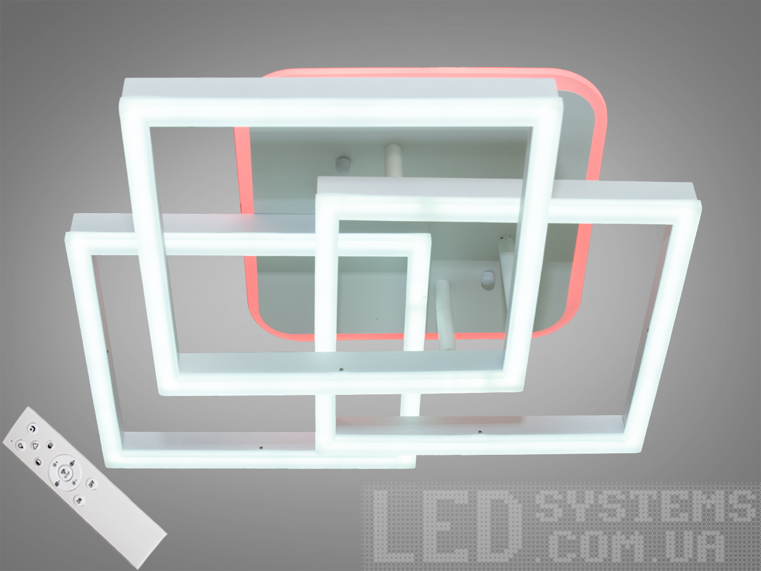 Біла стельова LED люстра 100W з трьома квадратними модулями, пультом, димером і підсвіткою основи. Близько 5500 лм для приміщень до ≈17 м², 3 температури світла.