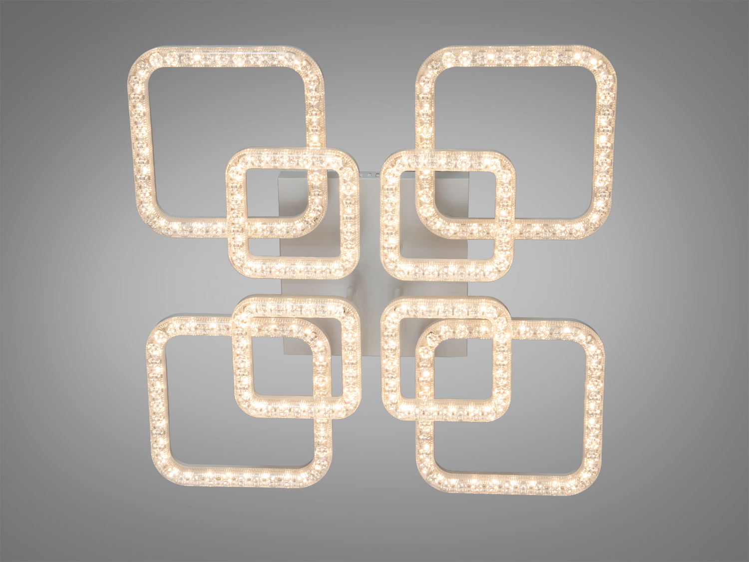 Біла стельова LED люстра 140 Вт, 7700 лм, 8 акрилових рамок. Три режими 3200K/4100K/6500K, керування настінним вимикачем. Для кімнат до 25 м² та низьких стель.