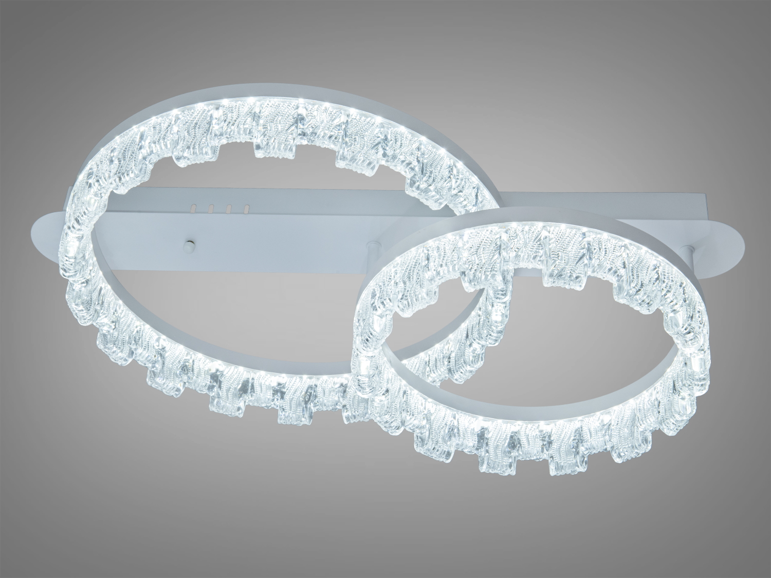Стельова LED-люстра з двома акриловими кільцями, 64 W, ~3520 lm, 3 режими 3200/4100/6000K, керування настінним вимикачем. Білий корпус, для кімнат до ~11 м².