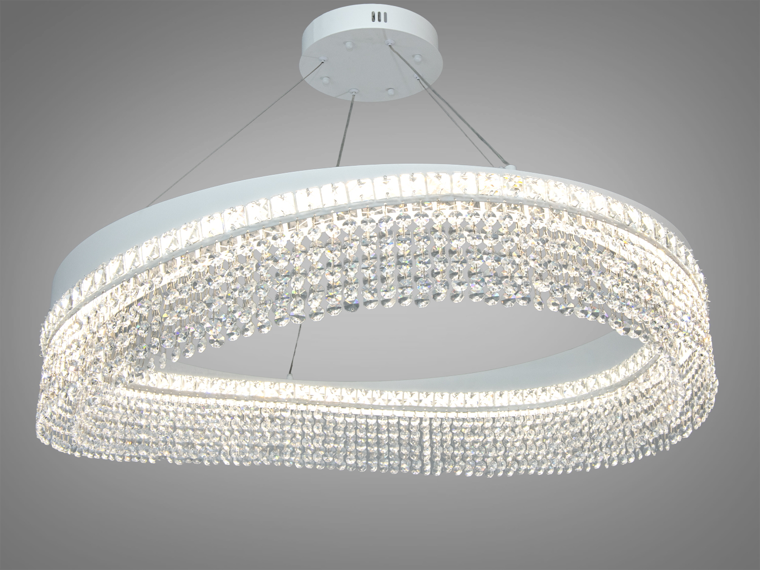 Підвісна кришталева LED-люстра Diasha, біла, 100 Вт, ~5500 лм, три режими 3200/4100/6500К, керування настінним вимикачем. Для кімнат до 18 м². Металевий каркас, підвісний монтаж.