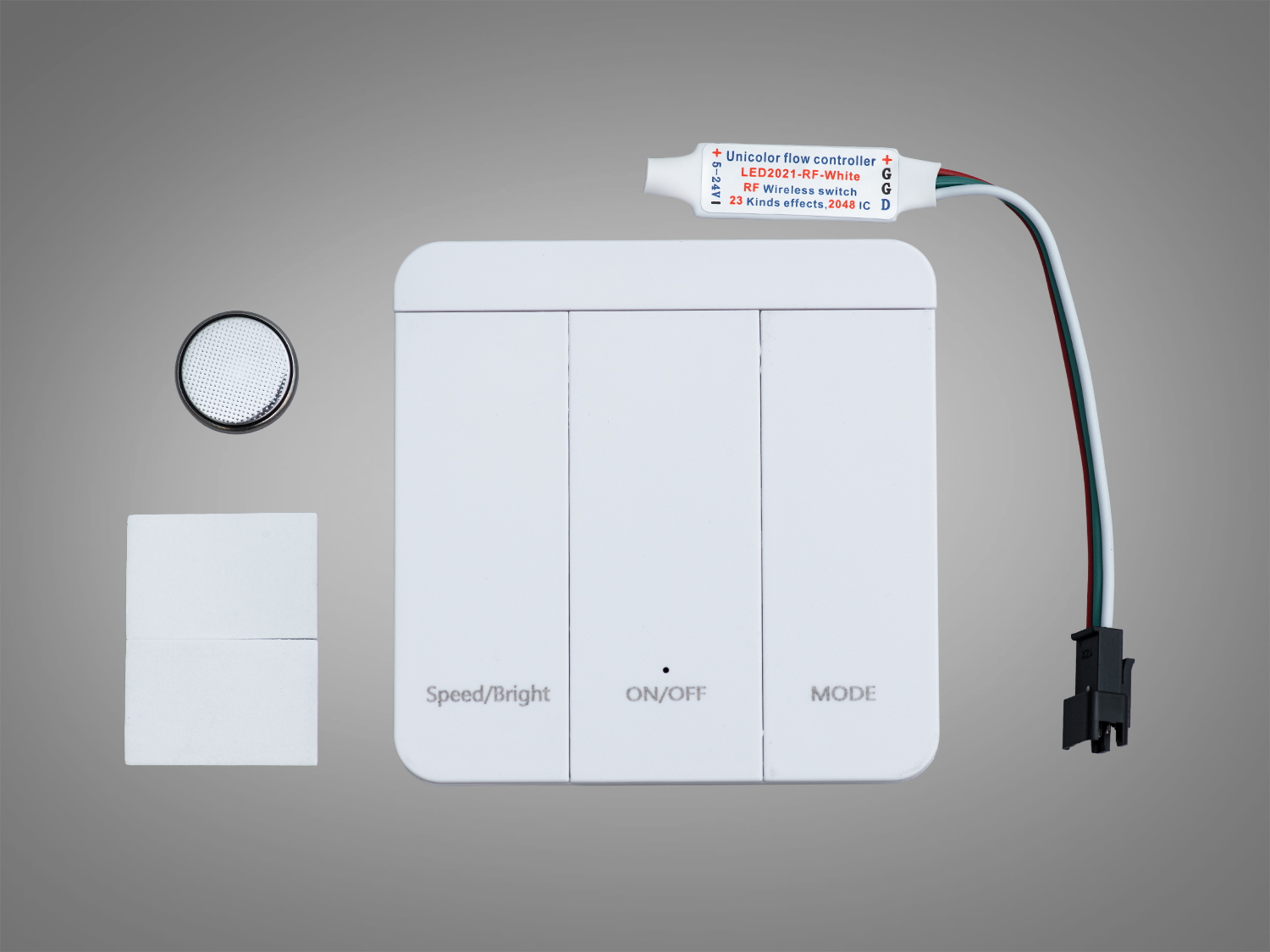 SPI контролер для однокольорової адресної стрічки 5–24 В з білим пультом на 3 кнопки. 23 ефекти, регулювання яскравості та швидкості, просте підключення.