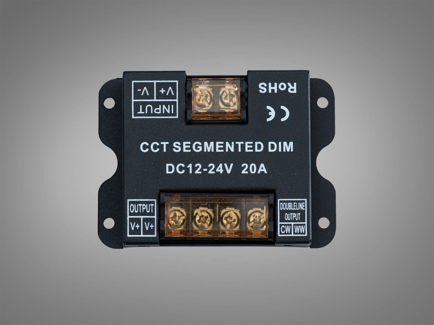 CCT контролер Segmented Dim для двоканальних LED стрічок WW/CW. Живлення 12–24 В, навантаження до 20 А, RF 2.4G керування, пульт не входить.
