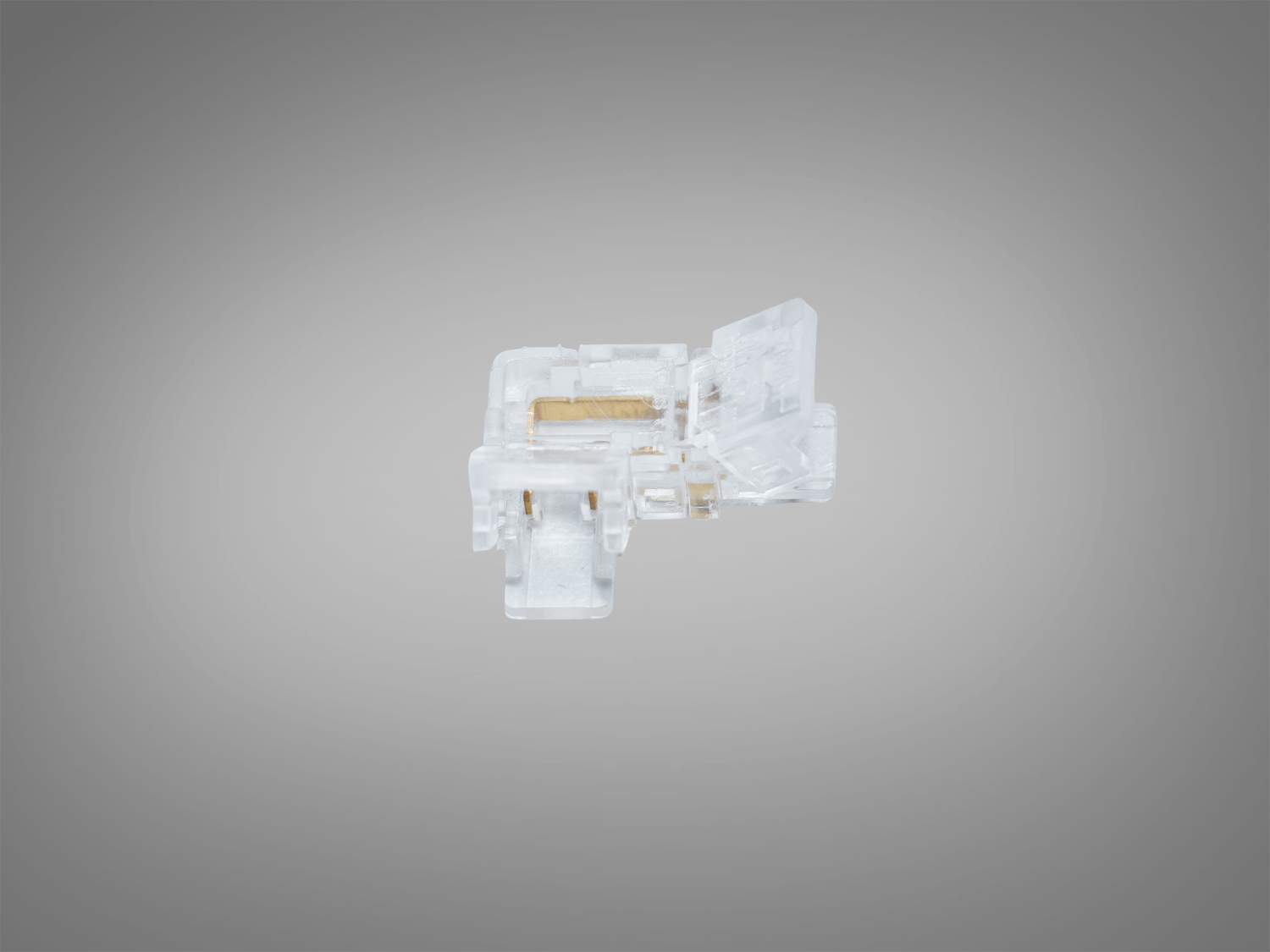 Кутовий прозорий 2pin конектор для LED стрічки 5 мм. Сумісний з SMD та COB, допомагає створити майже безшовний кут без пайки у профілях.