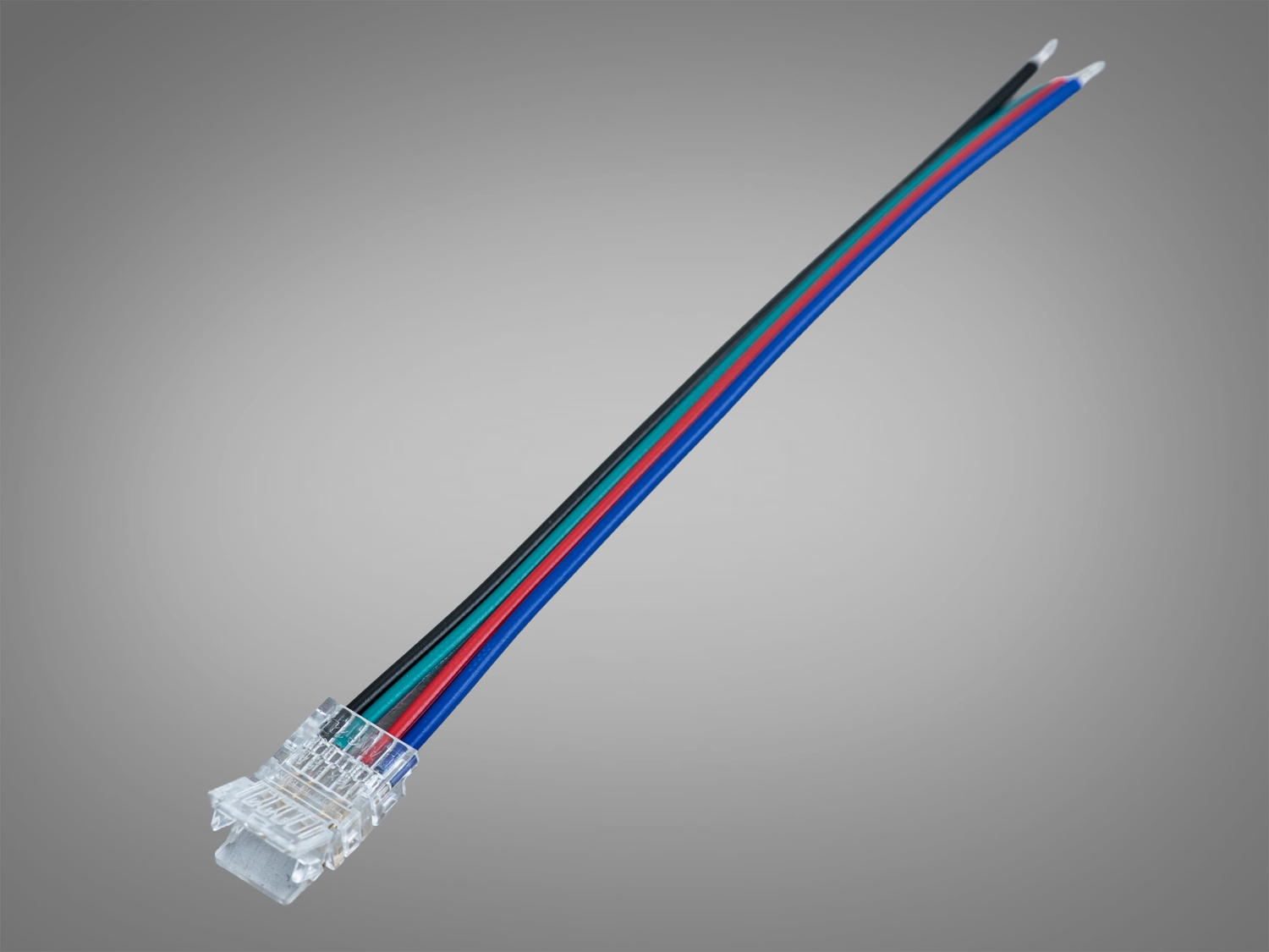 Прозорий односторонній конектор для RGB LED стрічки 8 мм з 4pin та кабелем 100 мм. Швидкий монтаж без пайки, акуратний «безшовний» стик.