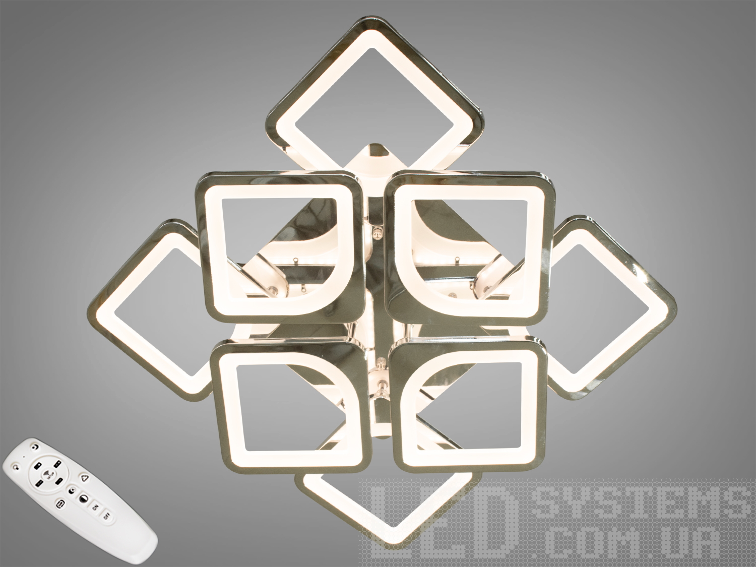 Стельова LED-люстра серії 8060, хром, 115 Вт, 8 елементів. Пульт і димер для регулювання яскравості. Рекомендовано для кімнат до 20 м², метал, сучасний дизайн.