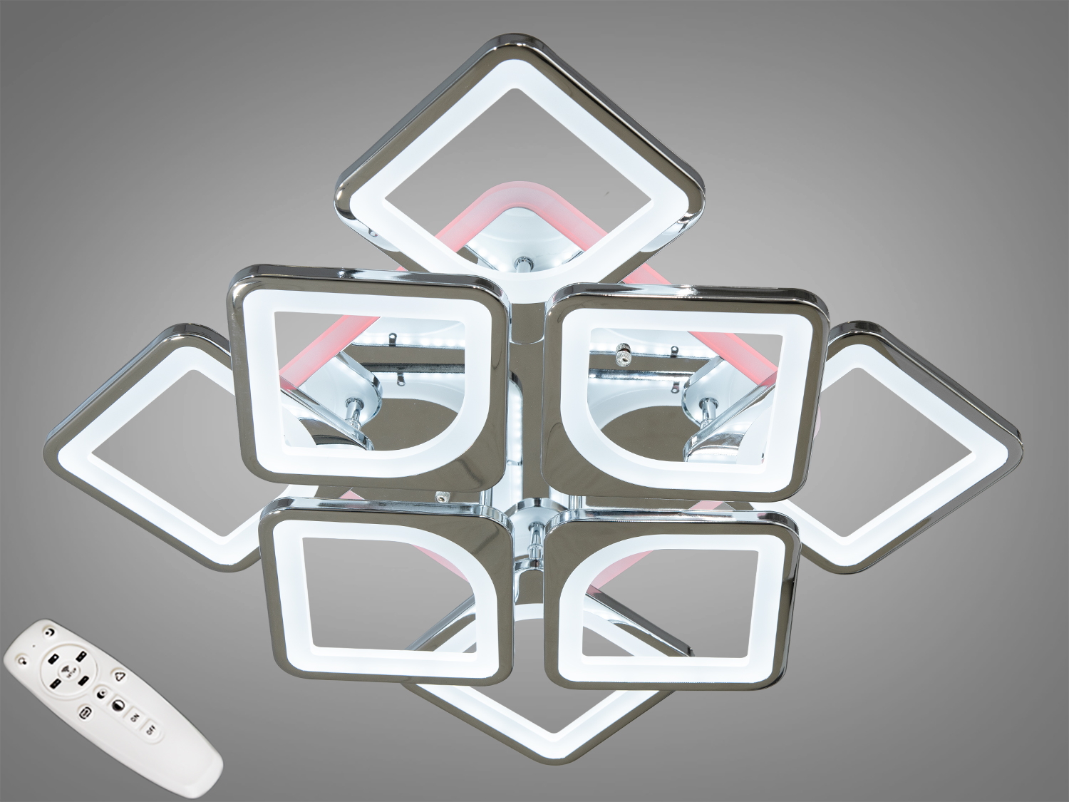 Стельова LED-люстра «Квадрати», хром, 130 W: пульт, димер, 3 режими CCT і нічник. Підходить для приміщень близько 22 м², акриловий розсіювач і декоративна підсвітка.