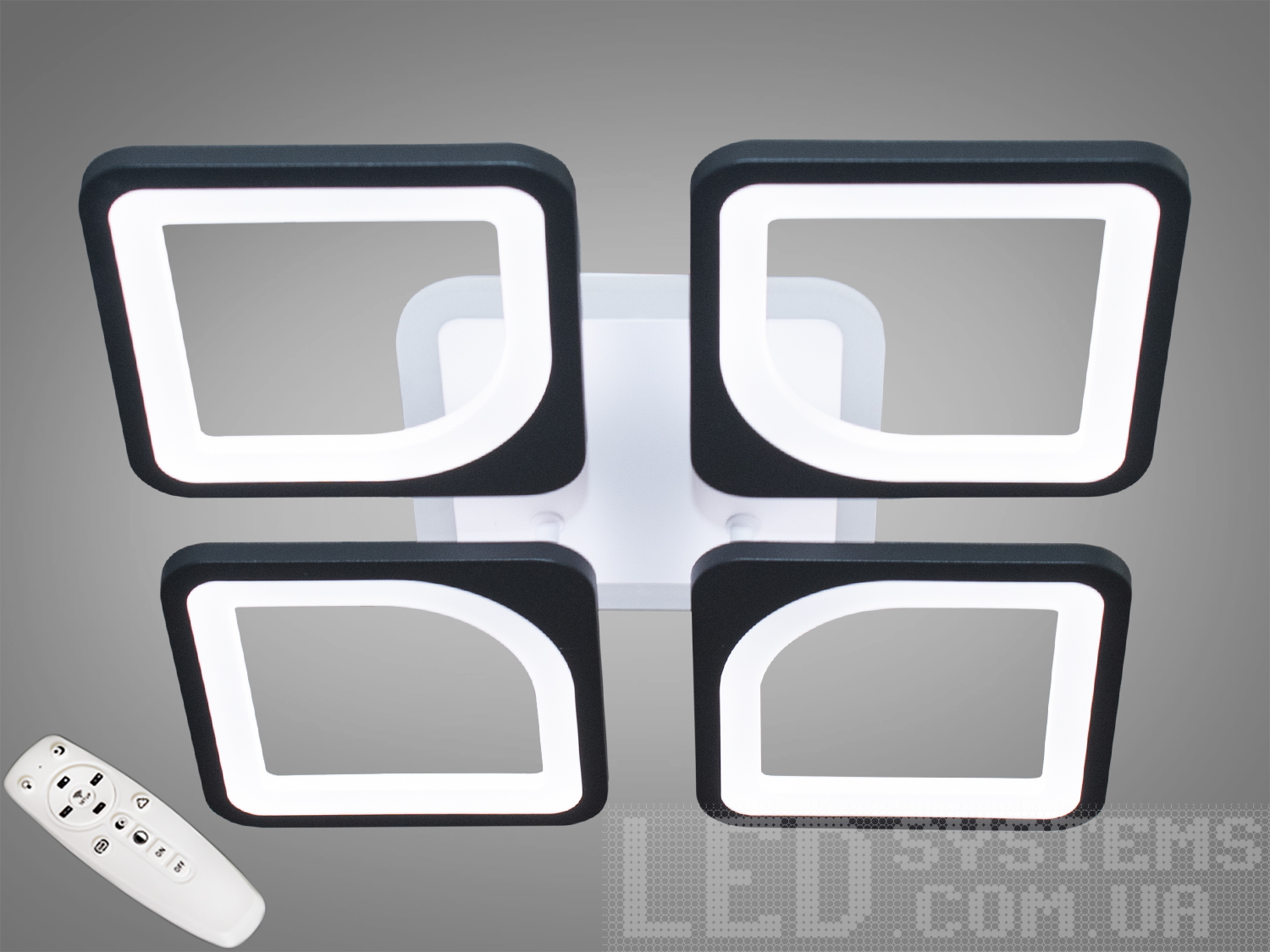 Стельова LED-люстра Серія 8060, 80 Вт, чорна. 4 квадрати, пульт, димер, 3 відтінки білого, синя підсвітка та нічник. Рекомендовано для кімнат до ~13 м².